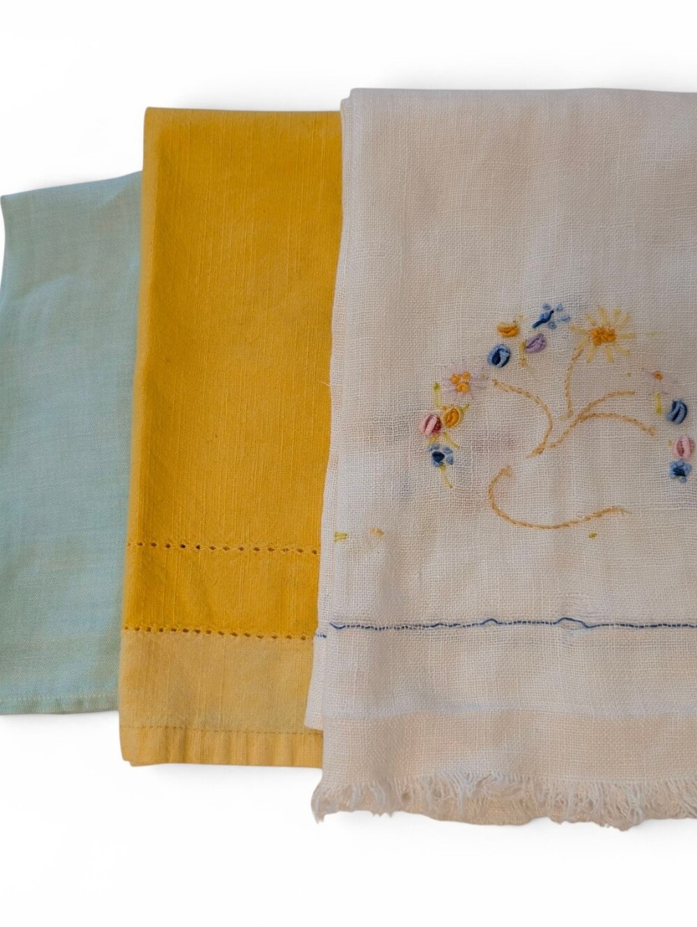VINTAGE Embroidered Linen Tea Towels Cream Yellow Aqua 3-Set Lot